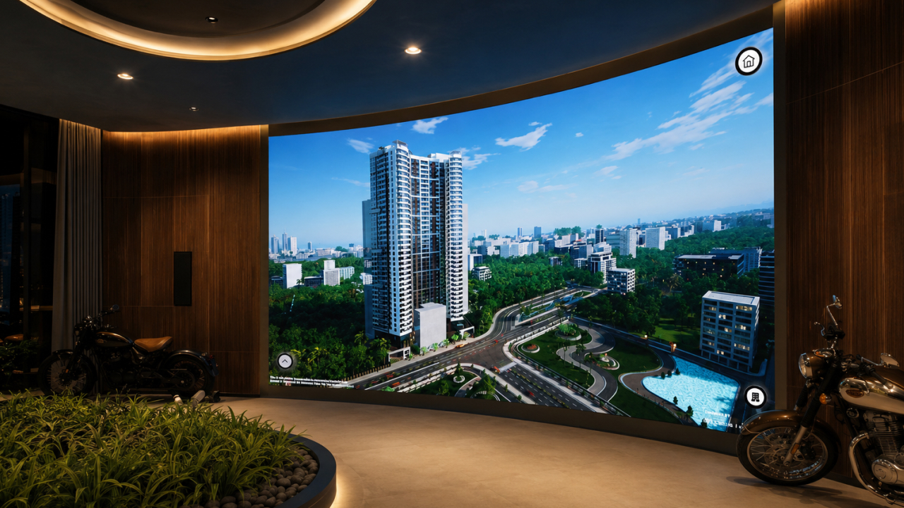 Modern showroom with cityscape and motorcycles